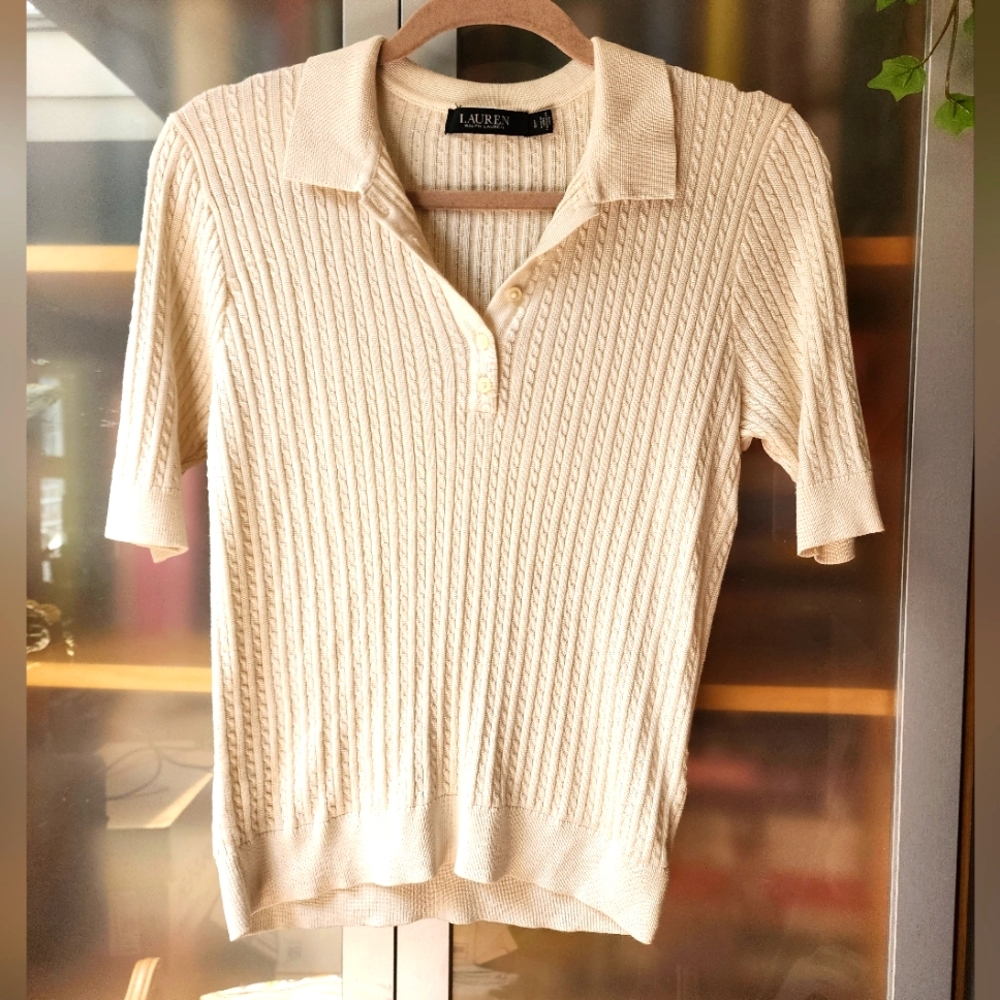 Ralph Lauren Ivory Cable Knit Polo Short-Sleeve Sweater
